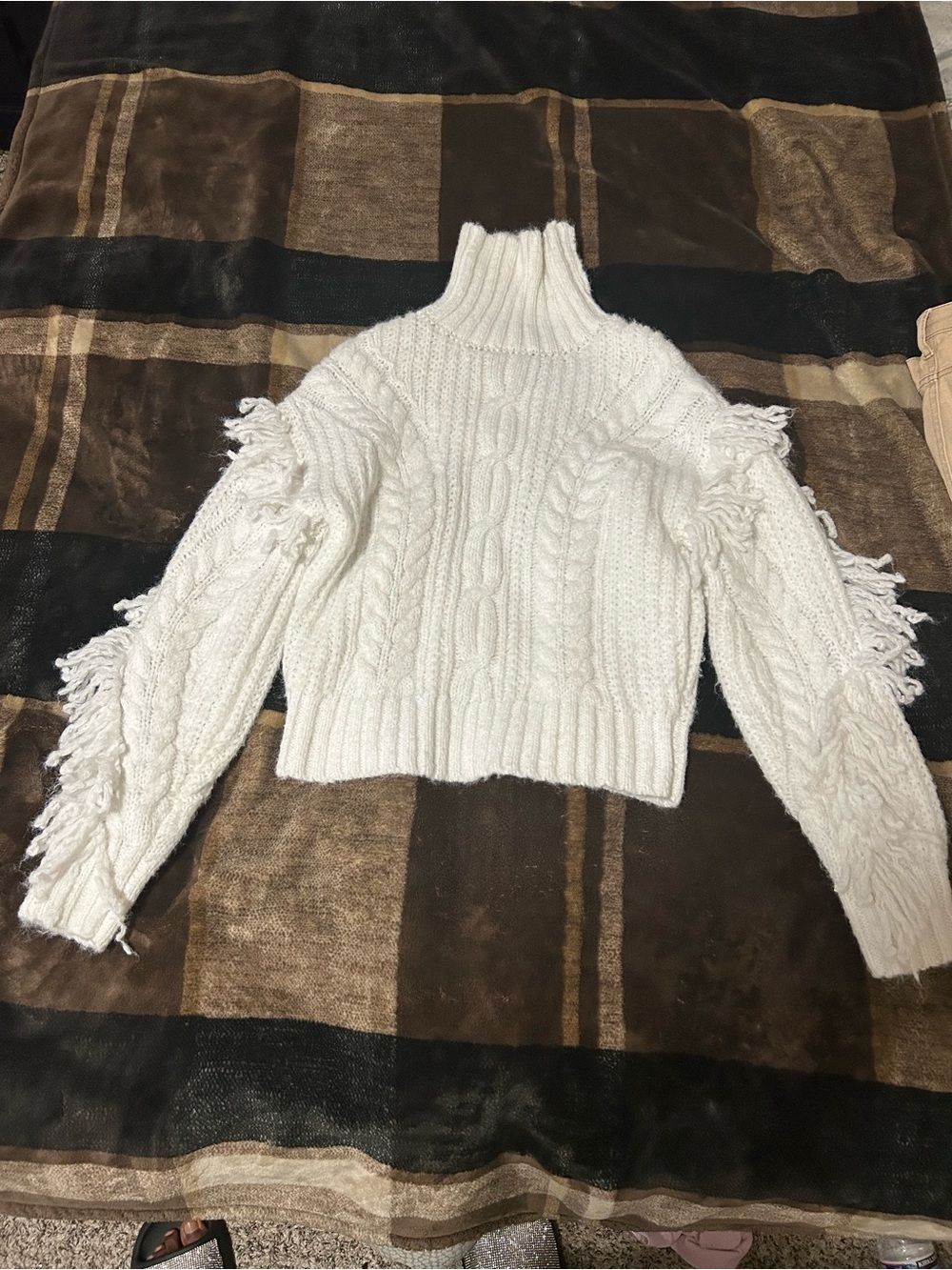 The North Face White Cable Knit Fringe Turtleneck Sweater